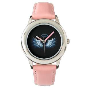 Blue Glows Angel Wings auf schwarzem Hintergrund Armbanduhr