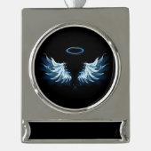 Blue Glows Angel Wings auf schwarzem Hintergrund Banner-Ornament Silber (Vorderseite)