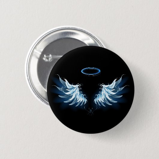 Blue Glows Angel Wings auf schwarzem Hintergrund Button (Vorne & Hinten)