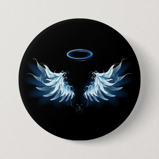 Blue Glows Angel Wings auf schwarzem Hintergrund Button (Vorderseite)