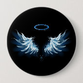 Blue Glows Angel Wings auf schwarzem Hintergrund Button (Vorderseite)