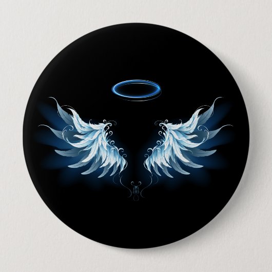 Blue Glows Angel Wings auf schwarzem Hintergrund Button (Vorderseite)