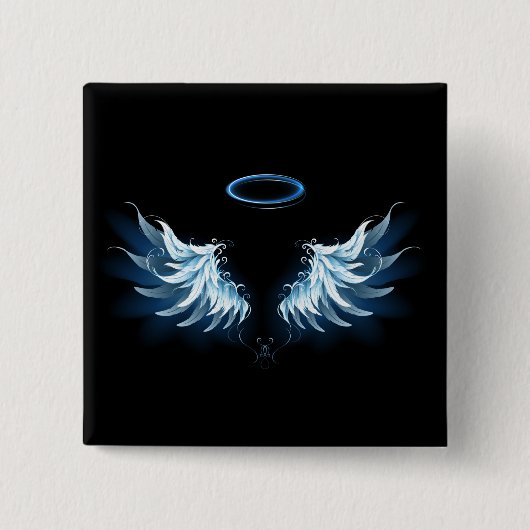 Blue Glows Angel Wings auf schwarzem Hintergrund Button (Vorderseite)
