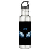 Blue Glows Angel Wings auf schwarzem Hintergrund Edelstahlflasche (Vorderseite)