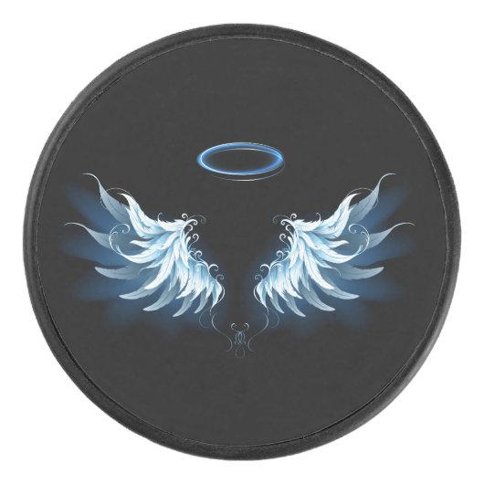 Blue Glows Angel Wings auf schwarzem Hintergrund Eishockey Puck (Vorderseite)