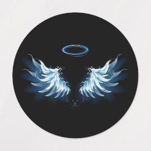 Blue Glows Angel Wings auf schwarzem Hintergrund Etiketten