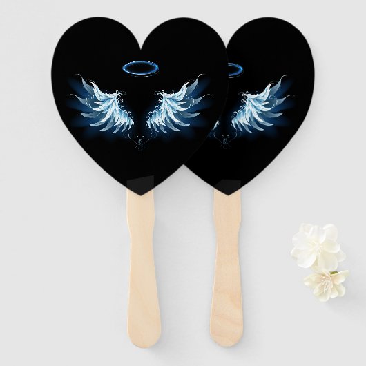 Blue Glows Angel Wings auf schwarzem Hintergrund Fächer (Vorne und Hinten)