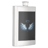 Blue Glows Angel Wings auf schwarzem Hintergrund Flachmann (Rechts)