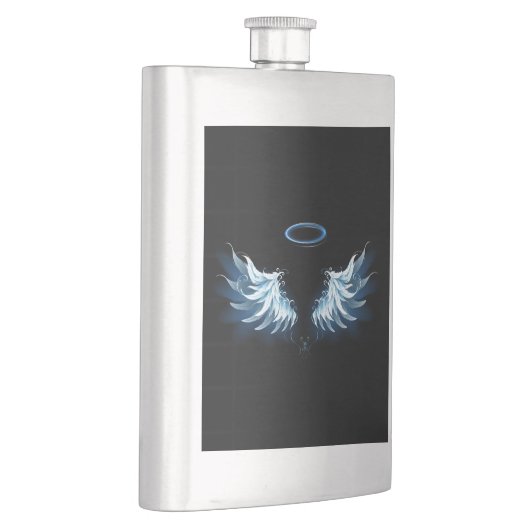 Blue Glows Angel Wings auf schwarzem Hintergrund Flachmann (Rechts)