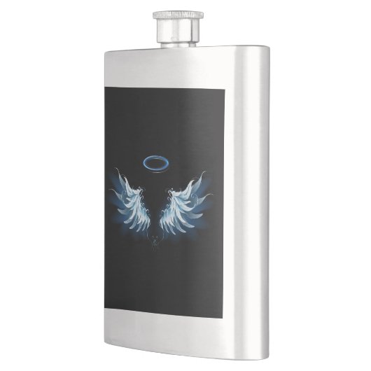 Blue Glows Angel Wings auf schwarzem Hintergrund Flachmann (Links)
