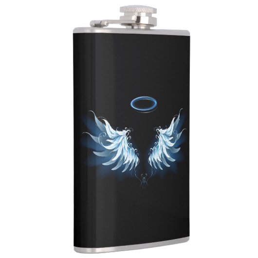 Blue Glows Angel Wings auf schwarzem Hintergrund Flachmann (Rechts)