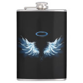 Blue Glows Angel Wings auf schwarzem Hintergrund Flachmann (Vorderseite)