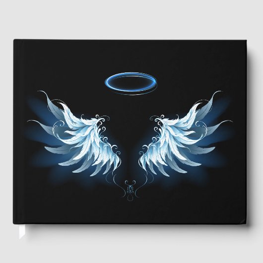 Blue Glows Angel Wings auf schwarzem Hintergrund Gästebuch (Vorderseite)