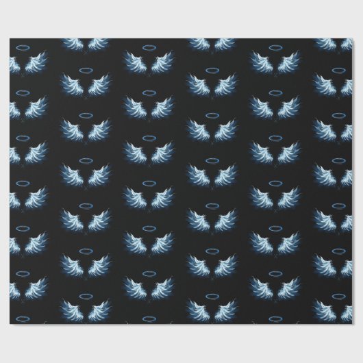 Blue Glows Angel Wings auf schwarzem Hintergrund Geschenkpapier (Flach)