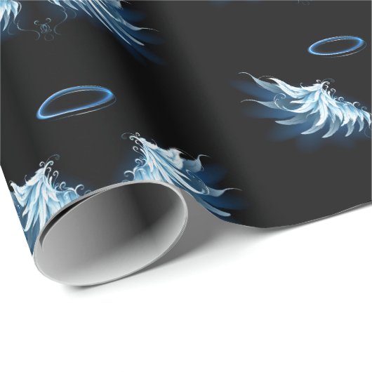 Blue Glows Angel Wings auf schwarzem Hintergrund Geschenkpapier (Rolleneckpunkt)