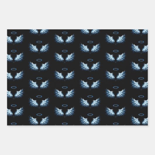 Blue Glows Angel Wings auf schwarzem Hintergrund Geschenkpapier Set (Vorderseite)