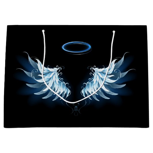 Blue Glows Angel Wings auf schwarzem Hintergrund Große Geschenktüte (Vorderseite)
