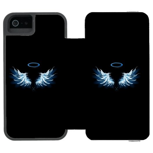 Blue Glows Angel Wings auf schwarzem Hintergrund Incipio iPhone Geldbeutel-Hülle (Folio Geöffnet)