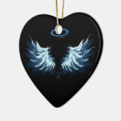 Blue Glows Angel Wings auf schwarzem Hintergrund Keramik Ornament (Links)