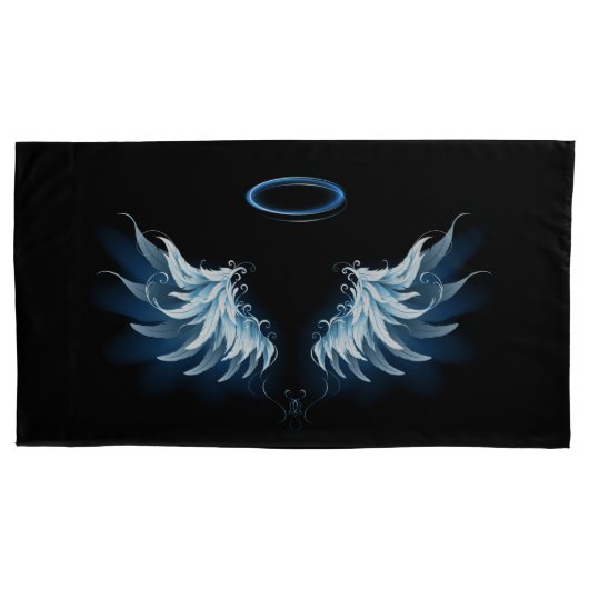 Blue Glows Angel Wings auf schwarzem Hintergrund Kissenbezug (Vorderseite-Links)