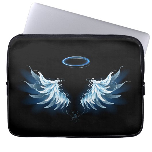 Blue Glows Angel Wings auf schwarzem Hintergrund Laptopschutzhülle (Vorderseite)