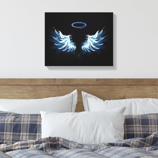Blue Glows Angel Wings auf schwarzem Hintergrund Leinwanddruck (Insitu (Schlafzimmer))