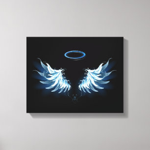 Blue Glows Angel Wings auf schwarzem Hintergrund Leinwanddruck