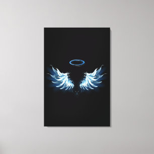 Blue Glows Angel Wings auf schwarzem Hintergrund Leinwanddruck