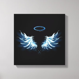 Blue Glows Angel Wings auf schwarzem Hintergrund Leinwanddruck