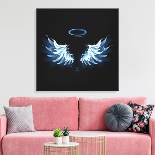 Blue Glows Angel Wings auf schwarzem Hintergrund Leinwanddruck (Insitu (Wohnzimmer))