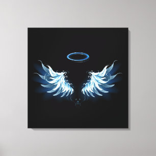 Blue Glows Angel Wings auf schwarzem Hintergrund Leinwanddruck