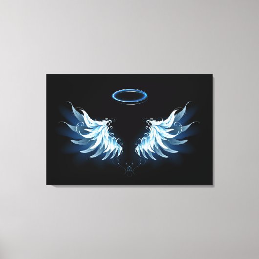 Blue Glows Angel Wings auf schwarzem Hintergrund Leinwanddruck (Vorderseite)