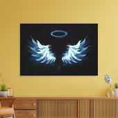 Blue Glows Angel Wings auf schwarzem Hintergrund Leinwanddruck (Insitu (Wohnzimmer))