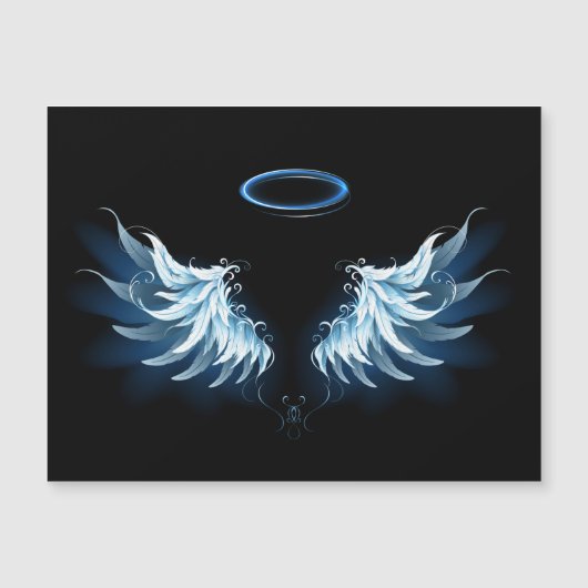 Blue Glows Angel Wings auf schwarzem Hintergrund Magneteinladung (Vorderseite)