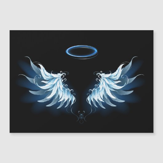 Blue Glows Angel Wings auf schwarzem Hintergrund Magneteinladung (Vorderseite)