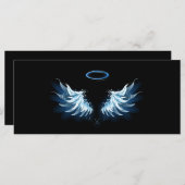Blue Glows Angel Wings auf schwarzem Hintergrund Menükarte (Vorne/Hinten)