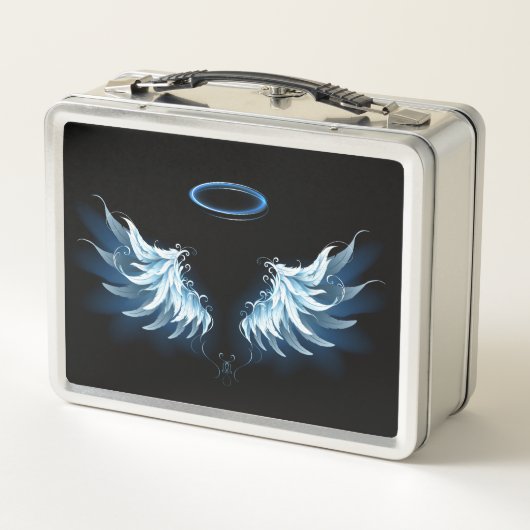 Blue Glows Angel Wings auf schwarzem Hintergrund Metall Brotdose (Rückseite)