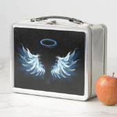 Blue Glows Angel Wings auf schwarzem Hintergrund Metall Brotdose (Beispiel)