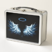 Blue Glows Angel Wings auf schwarzem Hintergrund Metall Brotdose (Vorderseite)