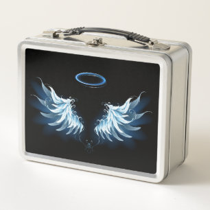 Blue Glows Angel Wings auf schwarzem Hintergrund Metall Brotdose