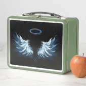 Blue Glows Angel Wings auf schwarzem Hintergrund Metall Brotdose (Beispiel)