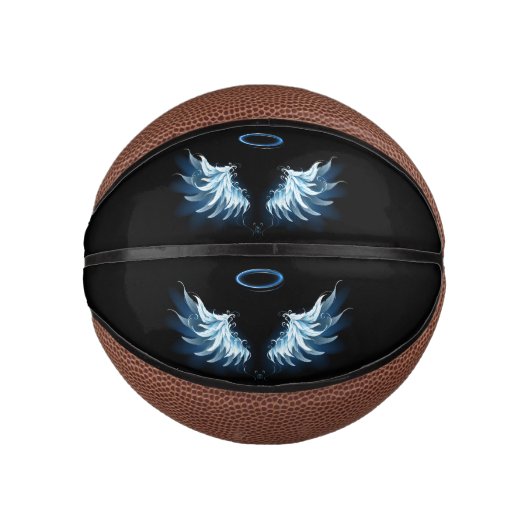 Blue Glows Angel Wings auf schwarzem Hintergrund Mini Basketball (Vorderseite)