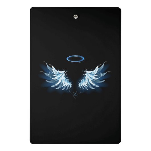 Blue Glows Angel Wings auf schwarzem Hintergrund Mini Klemmbrett (Rückseite)