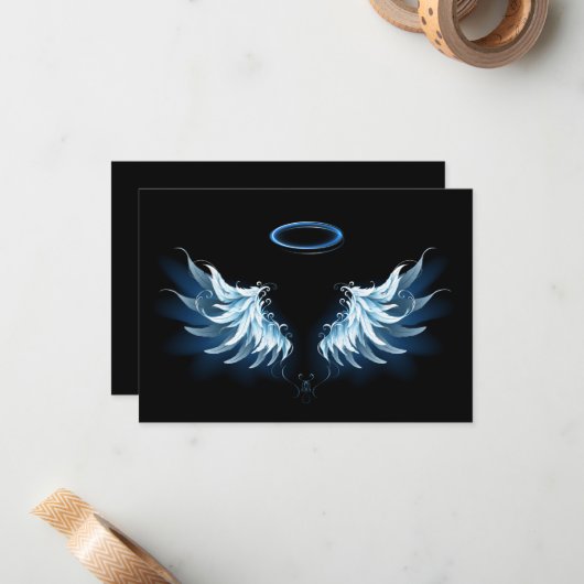 Blue Glows Angel Wings auf schwarzem Hintergrund Mitteilungskarte (Vorderseite/Rückseite Beispiel)