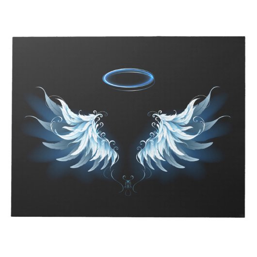 Blue Glows Angel Wings auf schwarzem Hintergrund Notizblock (Vorderseite)