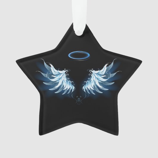 Blue Glows Angel Wings auf schwarzem Hintergrund Ornament (Vorderseite)