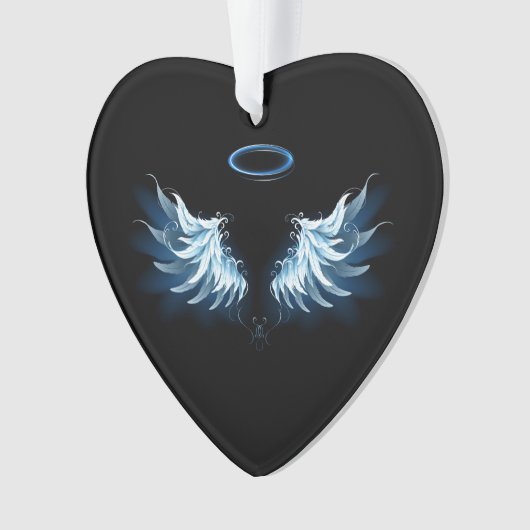 Blue Glows Angel Wings auf schwarzem Hintergrund Ornament (Vorderseite)