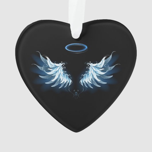 Blue Glows Angel Wings auf schwarzem Hintergrund Ornament (Rückseite)