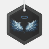 Blue Glows Angel Wings auf schwarzem Hintergrund Ornament Aus Glas (Vorderseite)