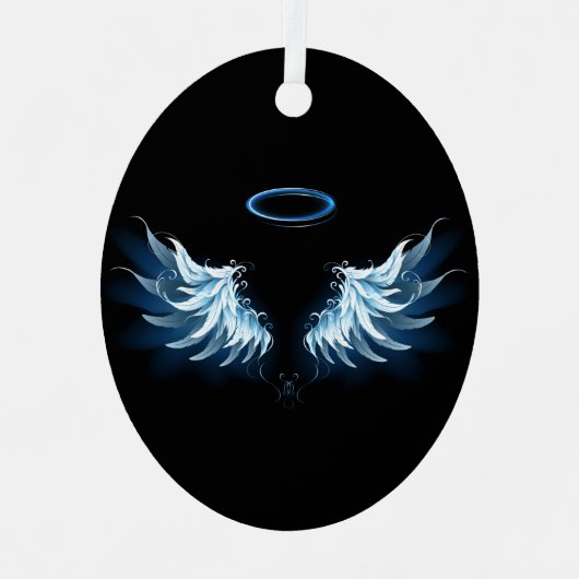 Blue Glows Angel Wings auf schwarzem Hintergrund Ornament Aus Metall (Vorderseite)